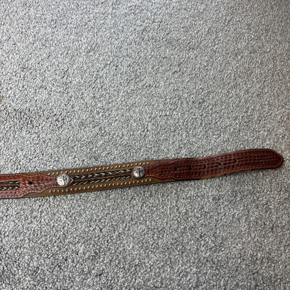 vtg Western Leather‎ Belt braided horsehair inlay cross Brown Conchos Studded 38